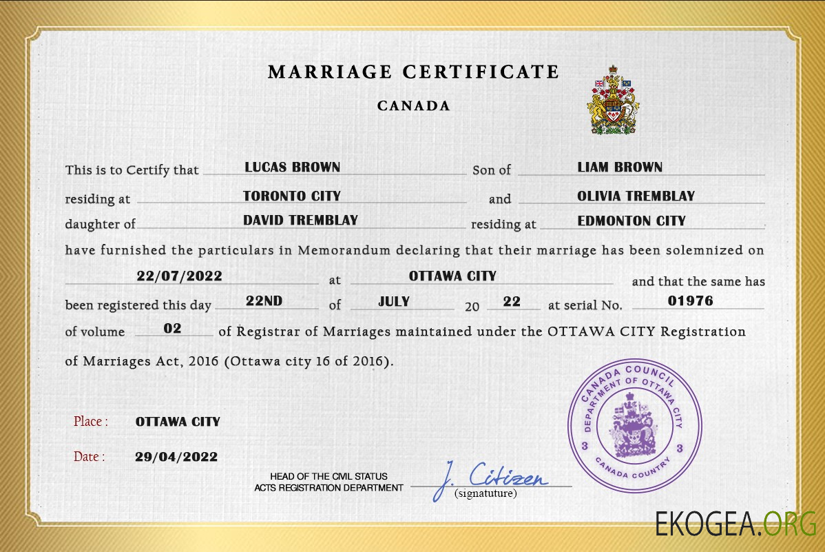 Modèle PSD de certificat de mariage au Canada template